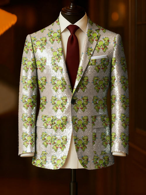 Men's Business Casual Large Pocket Notch Lapel Print Christmas Green Monster Merry Grinchmas Blazers