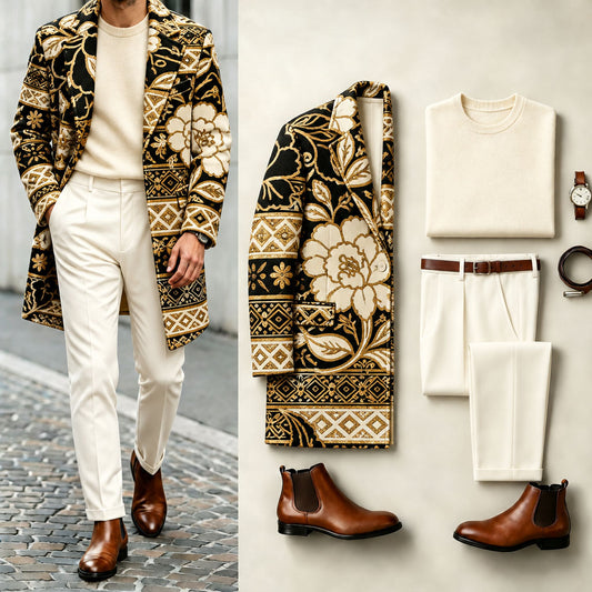 Men's Black and Gold Floral Print Suit Set: Jacket, Knit Sweater, and Pants