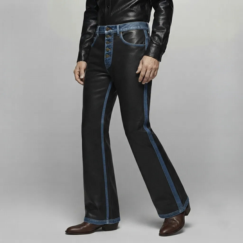 Men's Black PU Leather Denim Splicing Multi-Button Straight Leg Pants