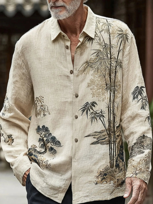 Men's Retro Japanese Bamboo Print Casual Cotton Linen Long-sleeved Shirt