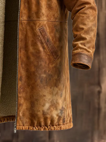 Men's Vintage Distressed Suede and Lambskin Long Coat