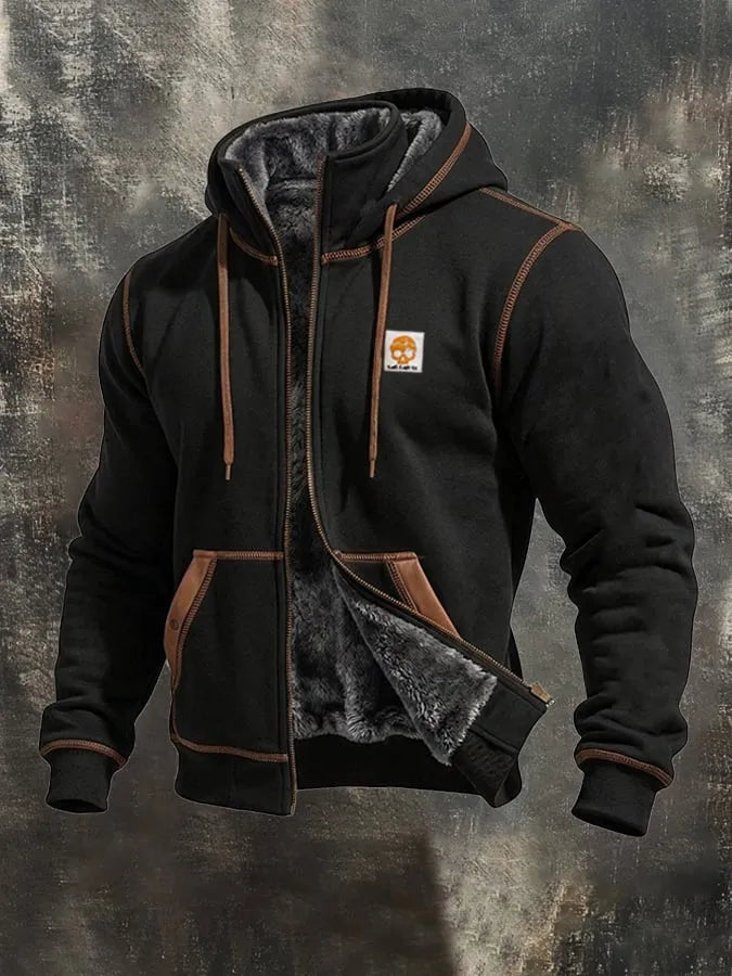 Men'S Vintage Fleece-Lined Hooded Jacket With Leather Paneling