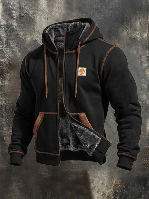 Men'S Vintage Fleece-Lined Hooded Jacket With Leather Paneling