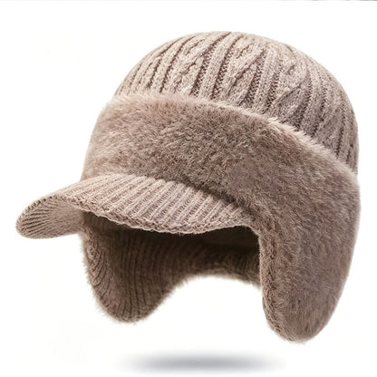 Men's Solid Color Cable Knit Short Brim Built-in Plush Ear Flaps Trapper Hat