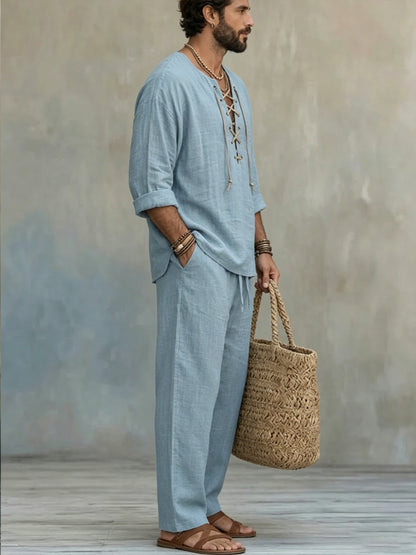 Men's Light Blue Linen Tie V-neck Casual Set