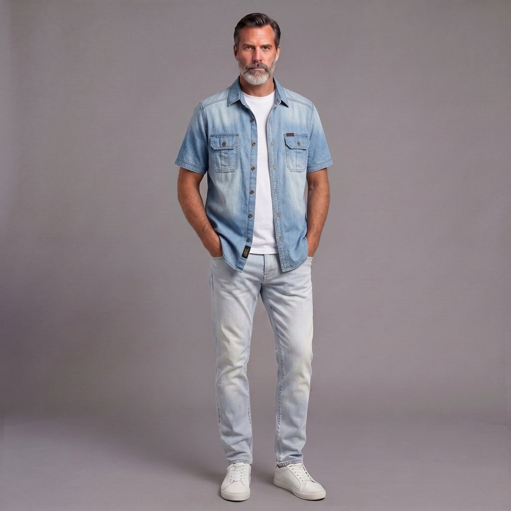 Men's Summer Short-Sleeve Denim Shirt