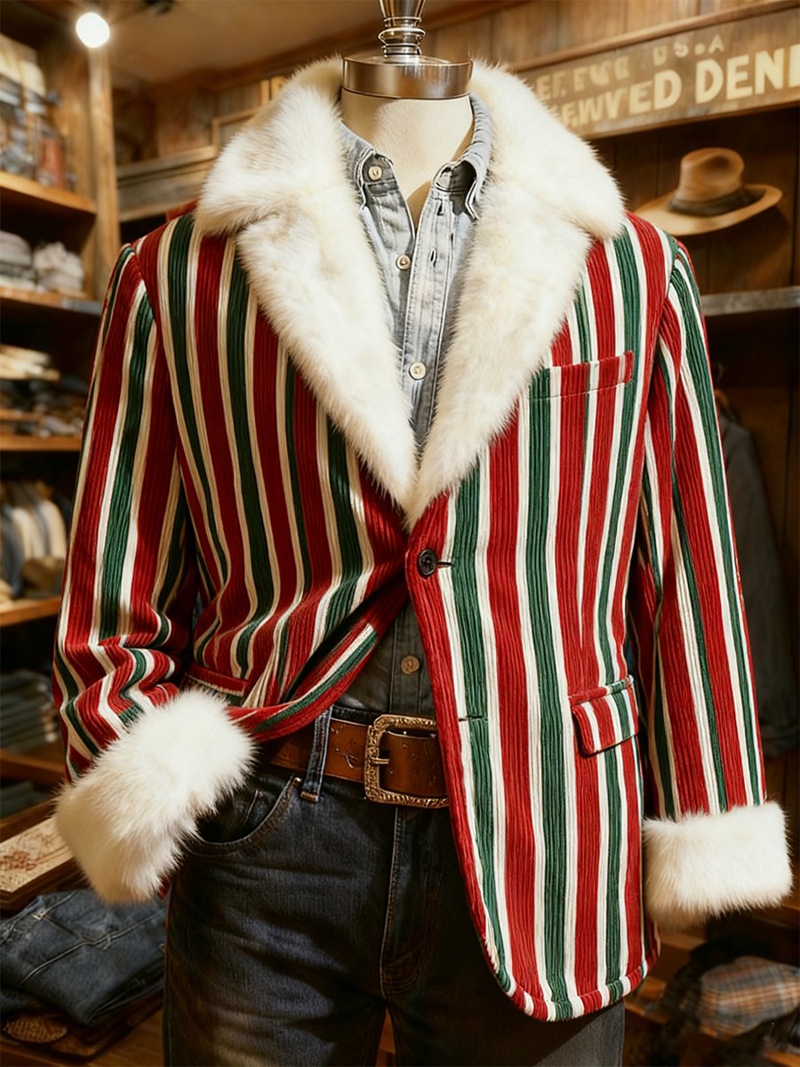 Men's Corduroy Striped Christmas Plush Suit Jacket
