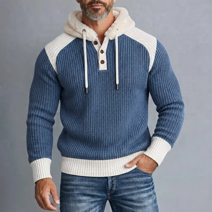 Men's Stylish Color Block Fluffy Hooded Ribbed Knit Pullover Sweater
