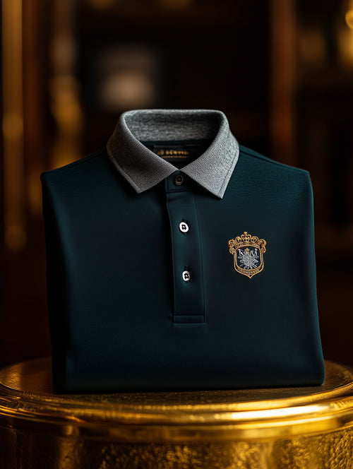 Men's Business Casual Button Old Money British Emblem Short Sleeve Polo Shirt