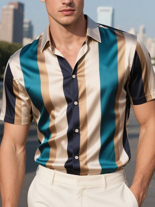 Men's Satin Luxury Business Striped Short Sleeve Button Shirt