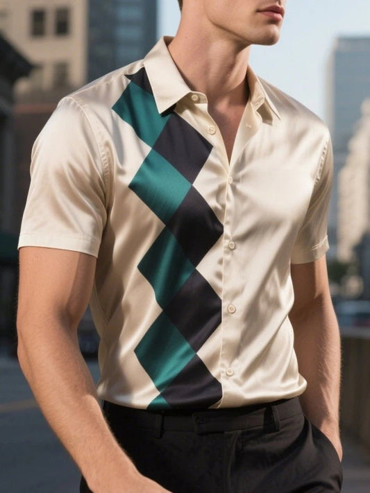 Men's Satin Luxury Business Striped Short Sleeve Button Shirt