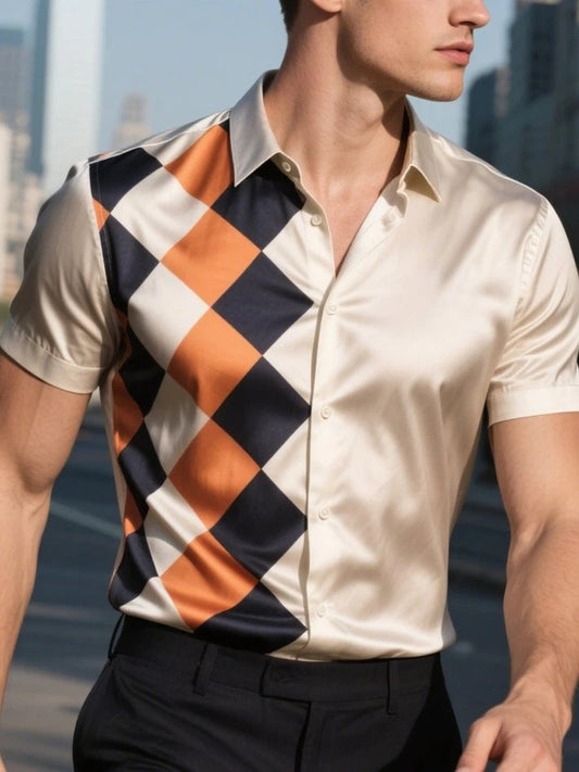 Men's Satin Luxury Business Striped Short Sleeve Button Shirt