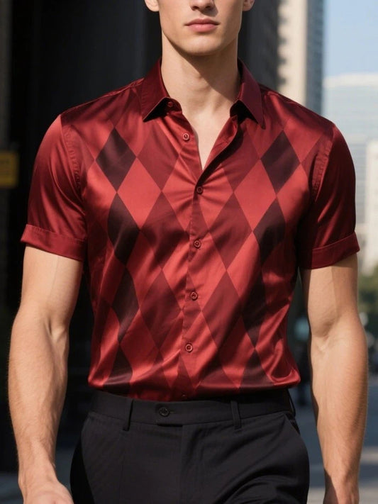Men's Satin Luxury Business Striped Short Sleeve Button Shirt
