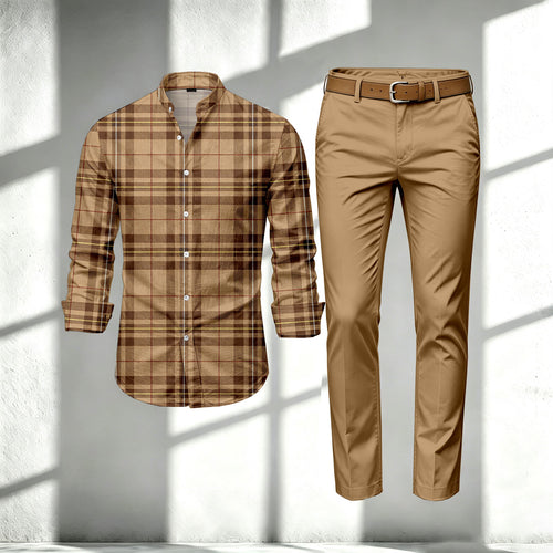 Men's Brown Stand-Collar Long-Sleeve Shirt and Pants Set