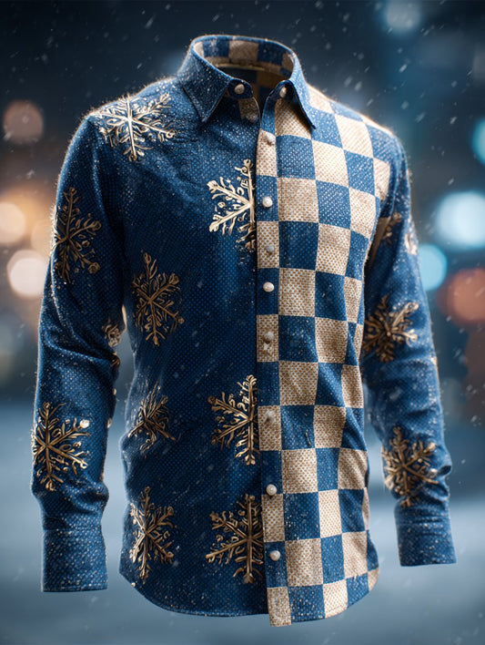 Men's Business Luxury Retro Christmas Plaid Snowflake Long Sleeve Shirt