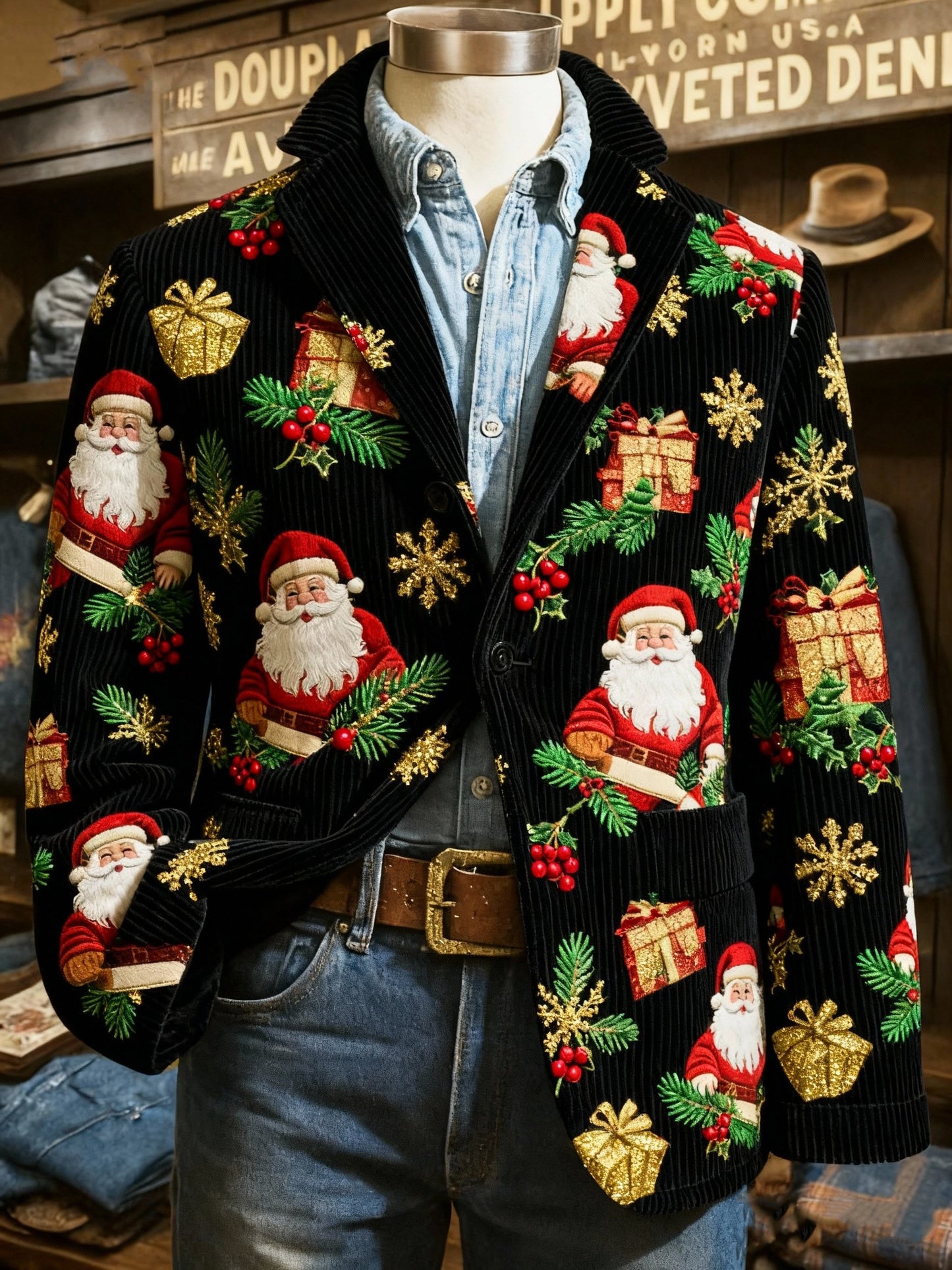 Vintage Christmas Santa Holly Redberry Print Casual Jacket