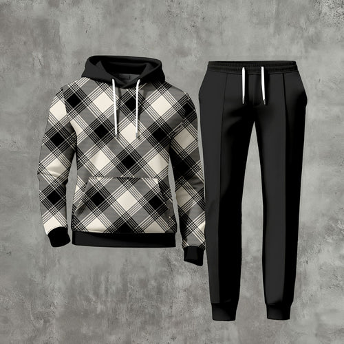 Men's Casual Checked Printed Long-Sleeve Hoodies Sweatshirt & Trousers Black Two-Piece Set