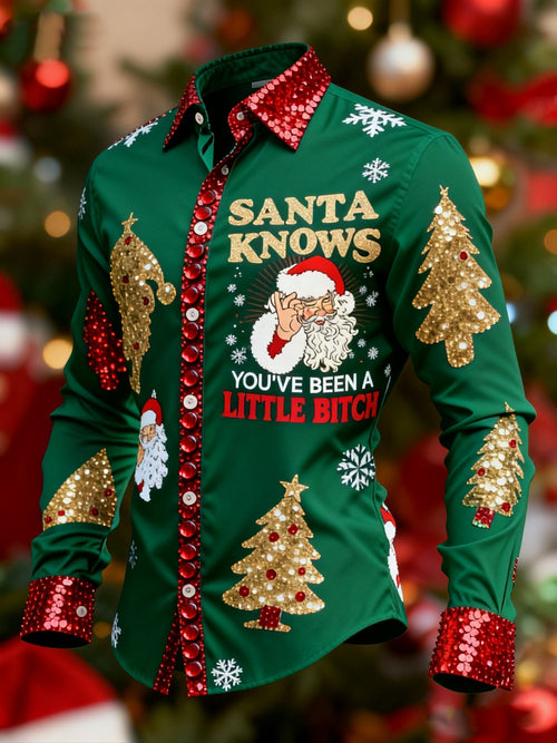 Men's Business Christmas Fun Santa Know You've Been Bitch Print Long Sleeve Shirt