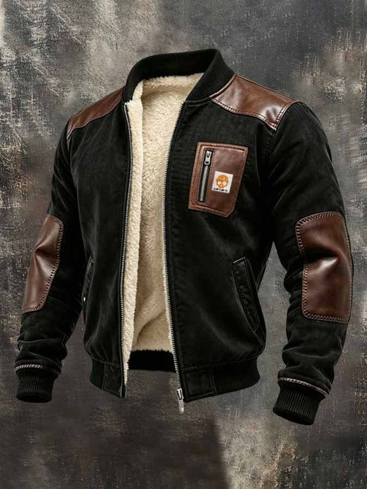 Men'S Vintage Suede And Leather Panel Fleece-Lined Warm Outdoor Jacket