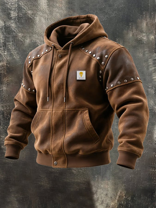 Men's Rivet Vintage Suede Hooded Warm Jacket