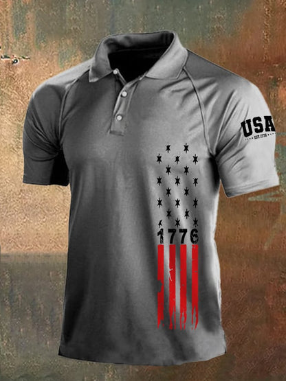 Men's Independence Day 1776 American Flag Print Casual Polo