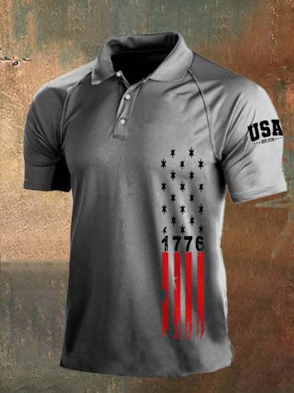 Men's Independence Day 1776 American Flag Print Casual Polo
