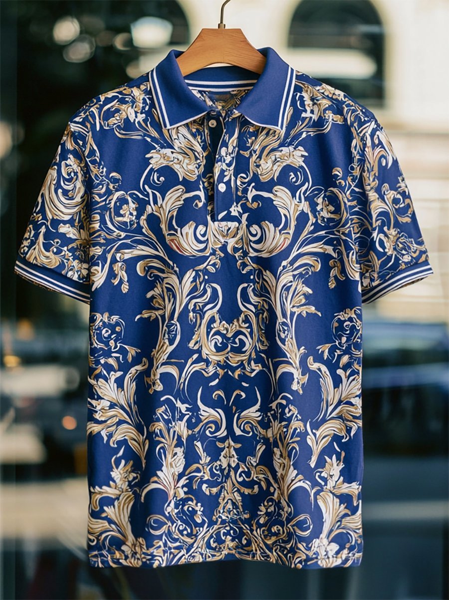 Men's Business Casual Baroque Art Button Short Sleeve Polo Shirt