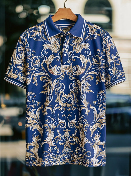 Men's Business Casual Baroque Art Button Short Sleeve Polo Shirt