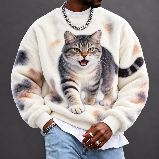 Men's Cute Cat-Print Crewneck Sweatshirt