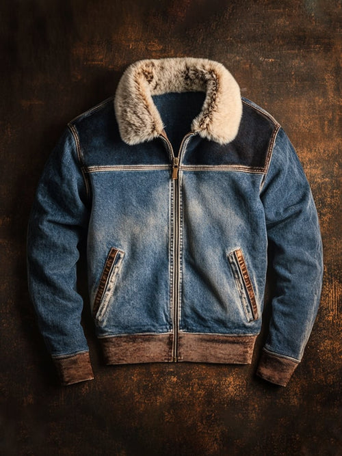 Men's Retro Stitching Contrast Color Zipper Fur Collar Jacket