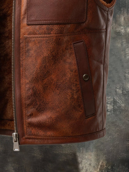 Men's Vintage Distressed Leather Hooded Vest with Fleece Lining