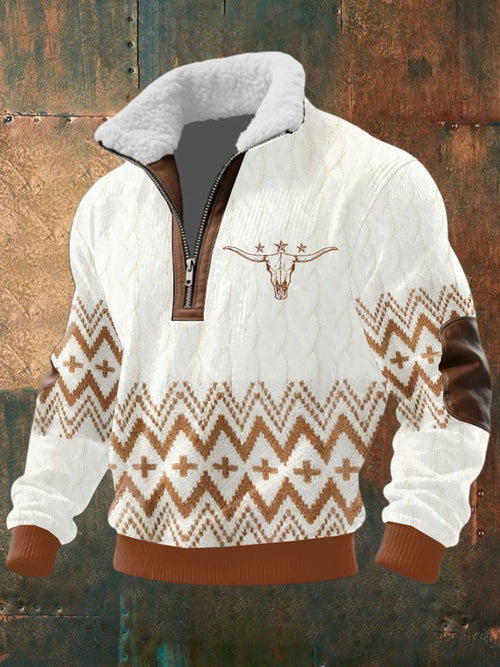 Men's Retro Cow Skull Print Lapel Sweatshirt