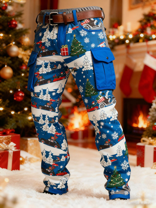 Men's Christmas Santa Pulling Cars Printed Cargo Pants