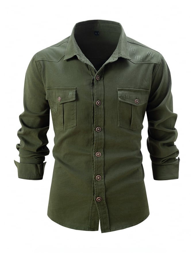 Men'S Fashionable Pure Cotton Washed Brushed Ripped Casual Long-Sleeved Shirt