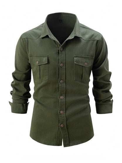 Men'S Fashionable Pure Cotton Washed Brushed Ripped Casual Long-Sleeved Shirt