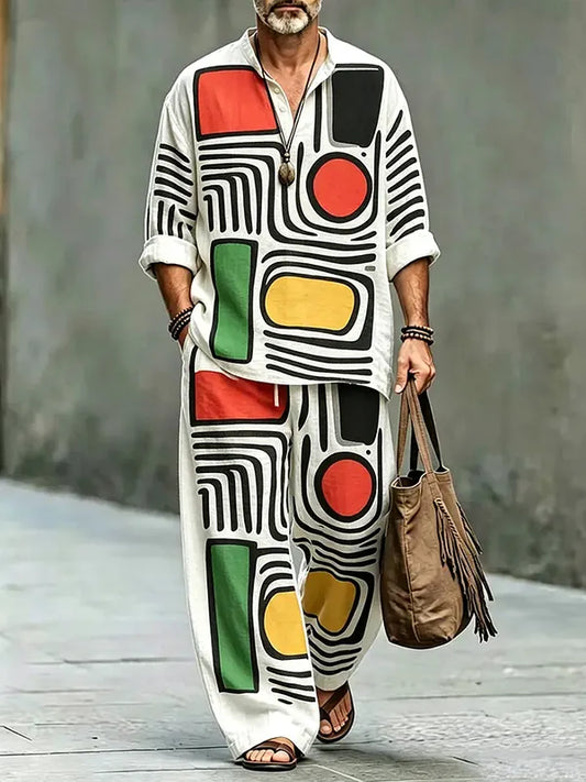 Men's Colorful Geometric Lines Abstract Art Print Half Button Long Sleeve Shirt Pants 2pcs Set