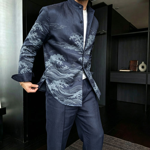 Men's Casual Wave-Print Stand-Collar Long-Sleeve Shirt and Pants Two-Piece Set