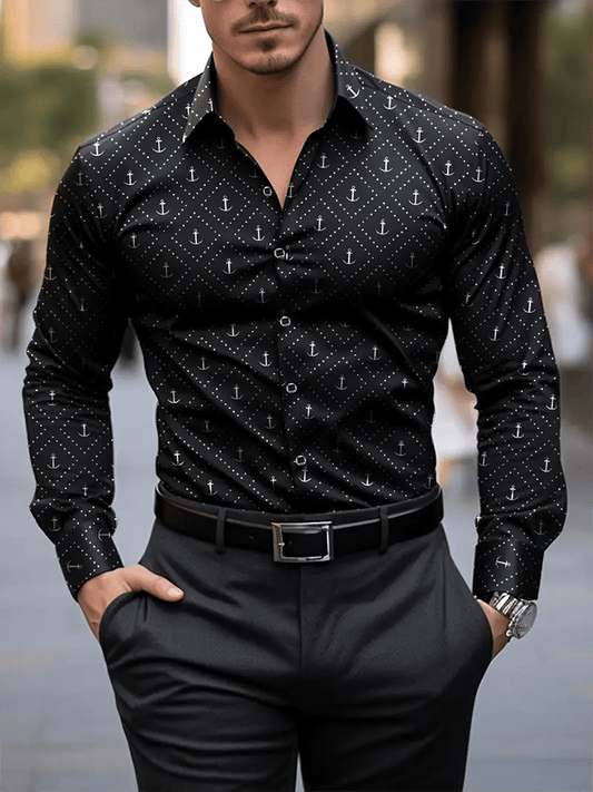Men's Business Casual Printed Satin Long Sleeve Shirt