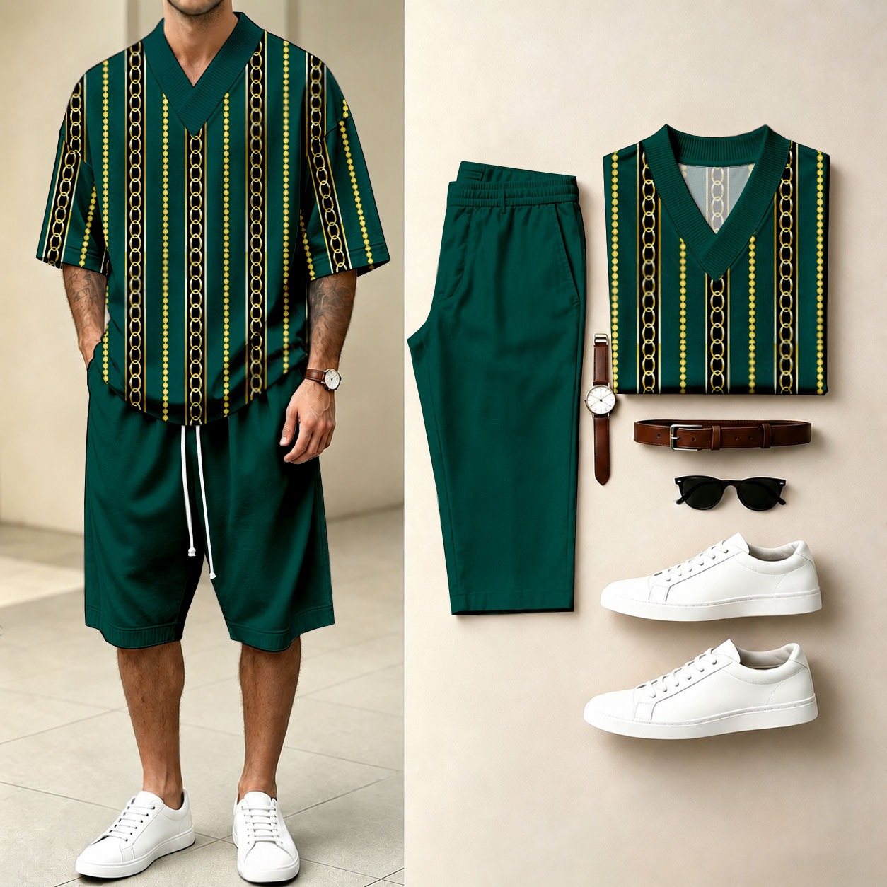 Men's Casual Vertical-Striped Print V-Neck Short-Sleeve T-Shirt And Shorts Two-Piece Set
