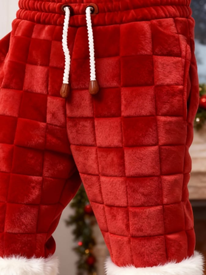 Men's Red Textured Fleece Warm Christmas Casual Pants