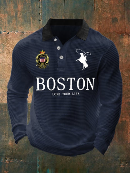 Men's Retro Business Casual Waffle Fabric Long Sleeve Polo Shirt