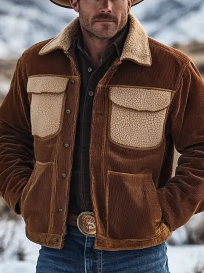 Mens Vintage Corduroy Wool Pocket Fur Lapel Outdoor Jacket