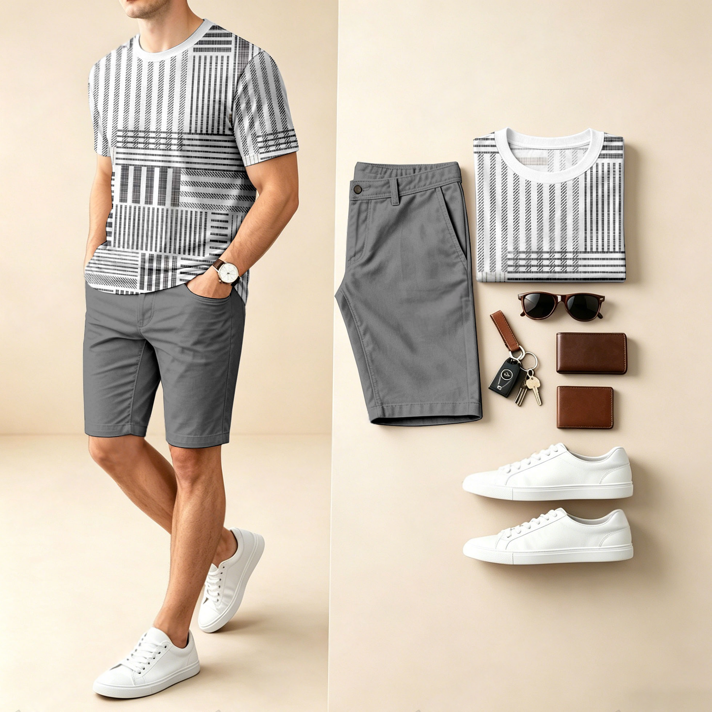 Men's Casual Striped Patchwork Print Round-Neck Short-Sleeve T-Shirt And Shorts Two-Piece Set