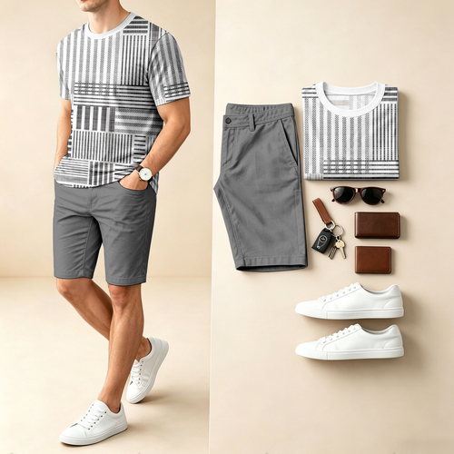 Men's Casual Striped Patchwork Print Round-Neck Short-Sleeve T-Shirt And Shorts Two-Piece Set