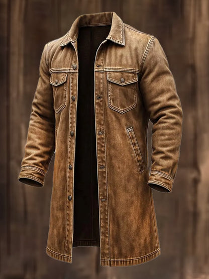 Men's Vintage Western Cowboy Canvas Multi-Pocket Ripped Lapel Outdoor Jacket Long Coat