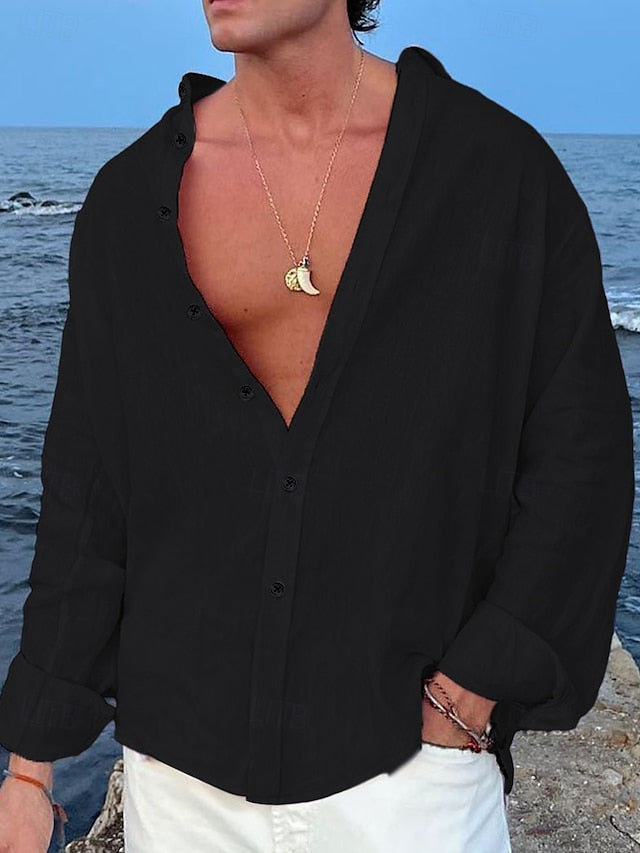 Men's Shirt Linen Shirt Summer Shirt Beach Wear Button Up Shirt Plain Casual Daily Black White Pink Blue Long-Sleeve Lapel Spring & Summer Clothing Apparel