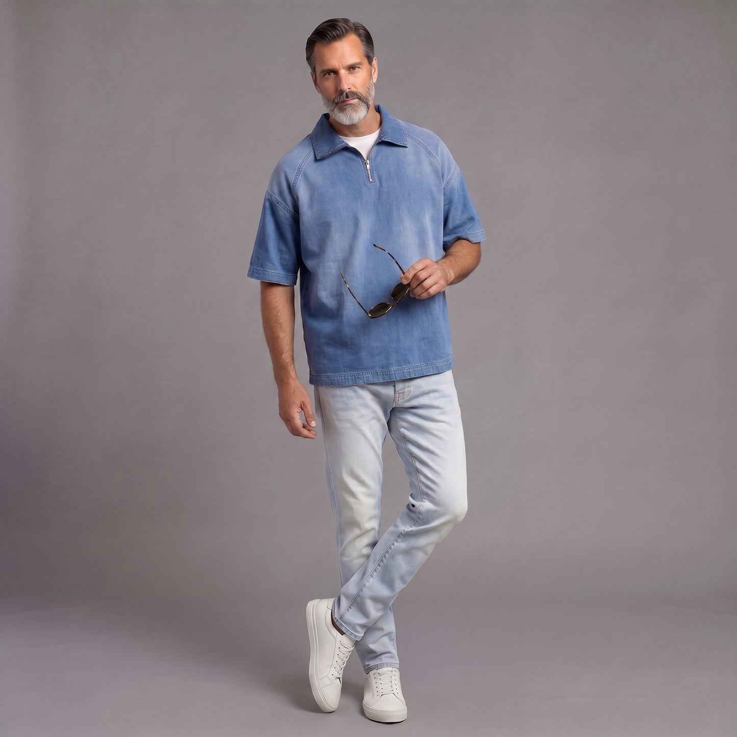 Men's Distressed Denim Short-Sleeve Shirt With Zipper Collar