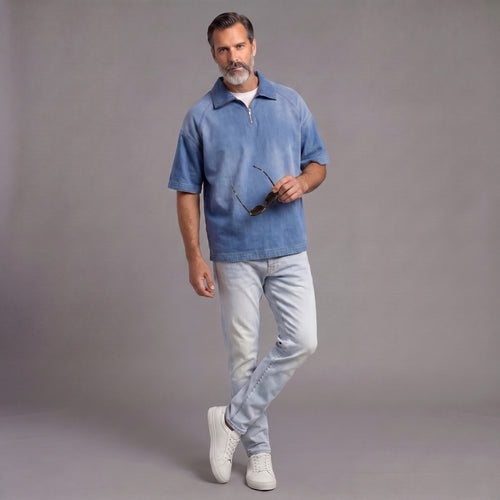 Men's Distressed Denim Short-Sleeve Shirt With Zipper Collar