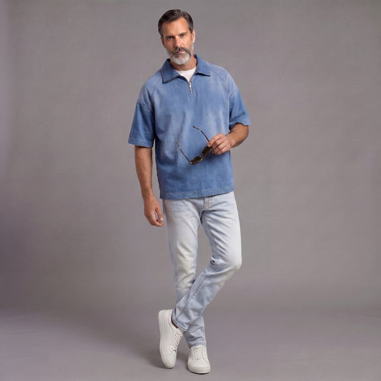 Men's Distressed Denim Short-Sleeve Shirt With Zipper Collar