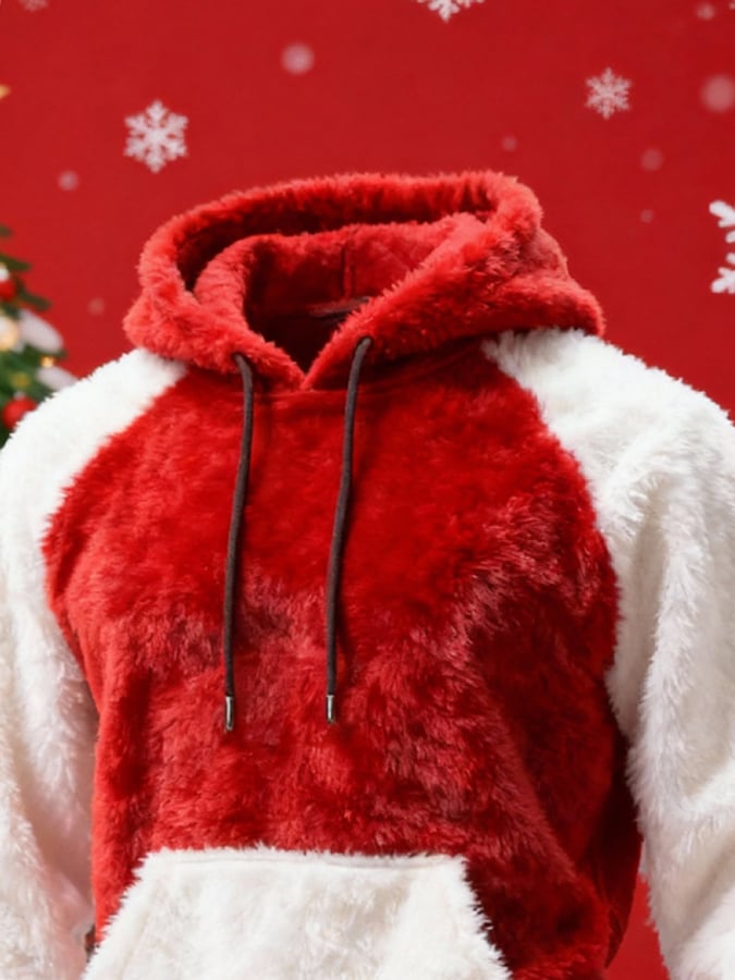 Men's Warm Plush Stitching Contrast Color Christmas Hooded Sweatshirt